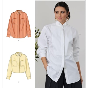 May include: Simplicity sewing pattern S3232 featuring a long-sleeve button-down shirt with a front placket and collar. The pattern includes illustrations for an orange striped shirt, a solid yellow cropped shirt, and a white shirt with a bib front.