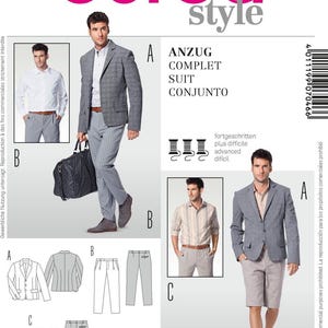 May include: A Burda Style sewing pattern featuring a suit design. The image includes illustrations of the suit, along with sizing information in US and EUR sizes. The pattern is labeled as advanced.