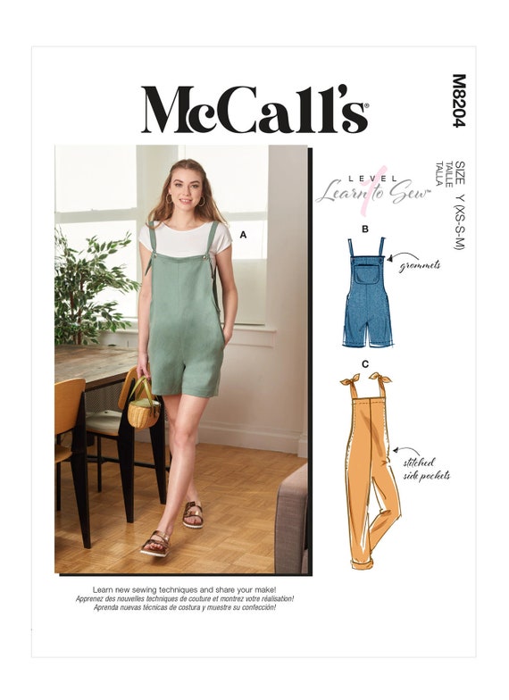 Sewing Pattern for Womens Overalls, Romper Pattern, Tie Shoulder Jumpsuit,  Learn to Sew Mccalls 8204, Size XS-M and L-XXL, Uncut FF - Etsy