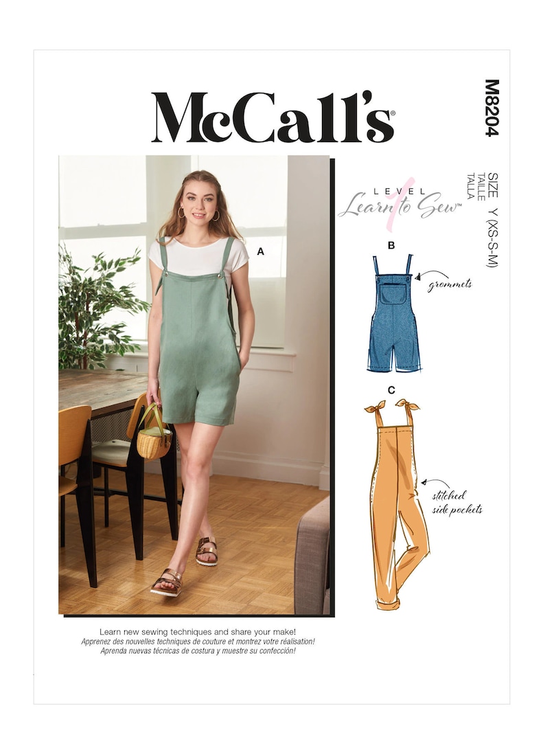 Sewing Pattern for Womens Overalls, Romper Pattern, Tie Shoulder Jumpsuit, Learn to Sew McCalls 8204, Size XS-M and L-XXL, Uncut FF image 1