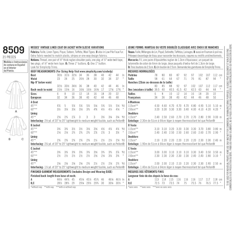 May include: Sewing pattern for a vintage lined coat or jacket with sleeve variations. The pattern includes instructions for sizes 6-20, bust sizes 30-44 inches, and hip sizes 32-46 inches. The pattern also includes instructions for a coat, jacket, and lining.
