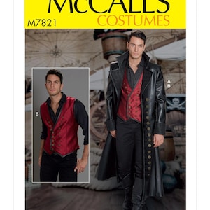 Puede incluir: Patrón de disfraces McCall's M7821 para un chaleco y una chaqueta. El chaleco es rojo con botones dorados y la chaqueta es negra con botones dorados. El modelo lleva pantalones negros y botas.