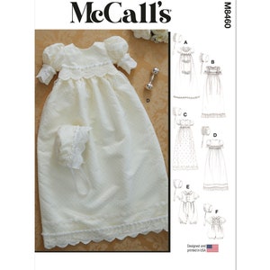 Sewing Pattern for Baby Christening Gown, Rompers, and Baby Bonnets, Newborn Christening Clothing, McCalls 8460, Size NB-L, Uncut FF