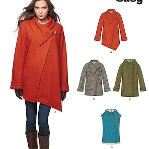 May include: New Look 6325 sewing pattern envelope featuring an easy-to-sew jacket design. The front shows a model wearing an asymmetrical orange coat with a large button. Illustrations display four variations: orange, grey, olive green, and teal.
