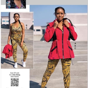 May include: A woman in a red jacket and yellow zebra-print leggings. The image also shows a matching halter top and leggings set. The text "knowME" and "DUANA M. CHANDLER" are visible. The design is printed in the USA.