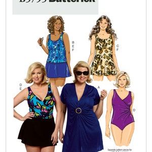 May include: Butterick B5795 sewing pattern featuring illustrations of swimsuits. The pattern includes a blue floral top with a black skirt, a leopard print dress, a purple swimsuit, and a blue dress with a gold ring detail.