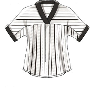 May include: A white and black striped short-sleeved shirt with a black v-neck collar.