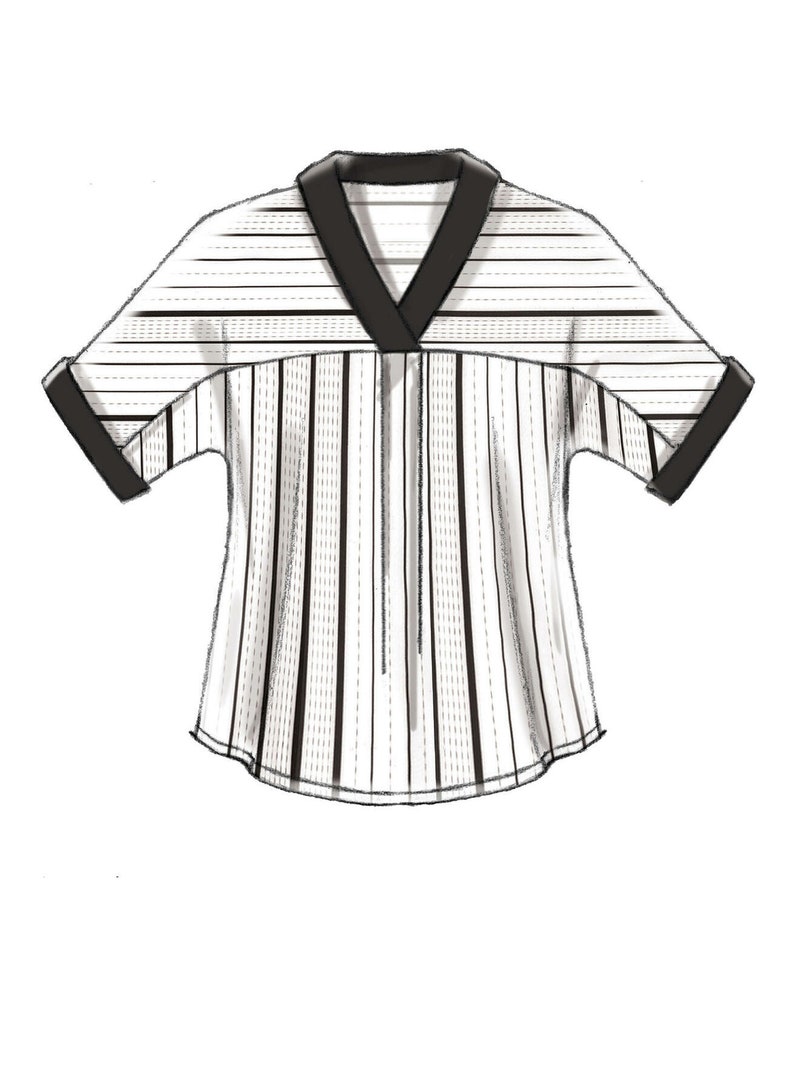 May include: A white and black striped short-sleeved shirt with a black v-neck collar.