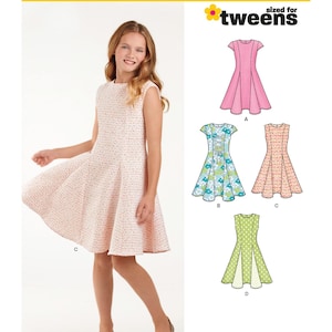 Puede incluir: Un patrón de costura para un vestido para adolescentes. El patrón incluye cuatro estilos diferentes: un vestido liso, un vestido con corpiño con cordones, un vestido con estampado floral y un vestido con lunares. El patrón es de New Look y es el número 6360.