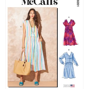 Sewing Pattern for Womens Dress, Pullover Dress, Sun Dress, Summer Dress, V Neck Dress, McCall's 8281, Size XS-XXL, Uncut FF