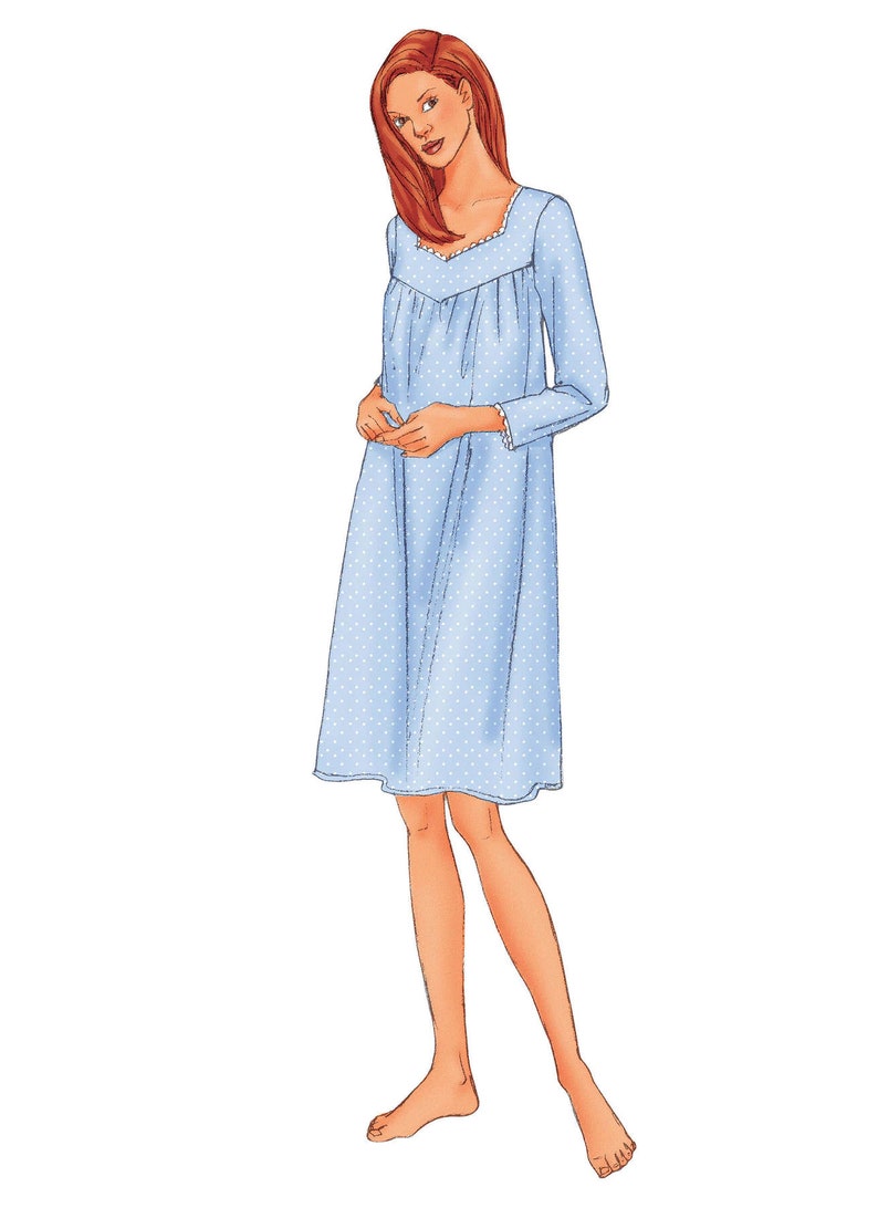 May include: A light blue nightgown with white polka dots and a lace trim around the neckline. The nightgown has long sleeves with lace trim at the cuffs.