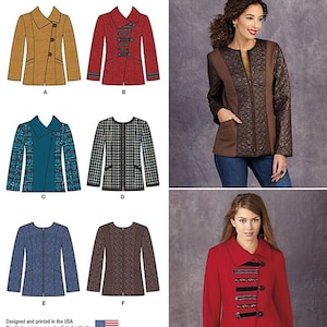 May include: Simplicity 1320 sewing pattern envelope featuring illustrations of six jacket variations labeled A through F. The designs include various collar styles, button closures, and textured fabrics. Two photographs show finished jackets.