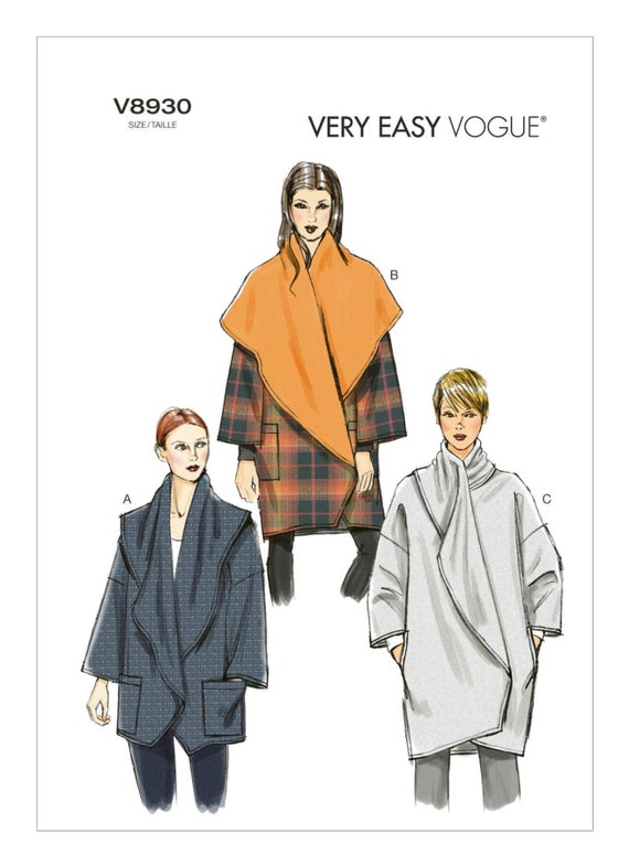 Vogue Sewing Pattern for Womens Jacket, Shawl Collar Jacket, Oversized Jacket, Wrap Jacket, Vogue 8930, Size XS-M and L-XXL, Uncut FF