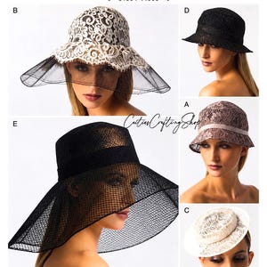 May include: Vogue Patterns V8891 sewing pattern for five distinct hats by Patricia Underwood. The designs include lace-covered bucket hats, wide-brimmed hats with netting, and structured lace hats in black, white, and mauve colorways.