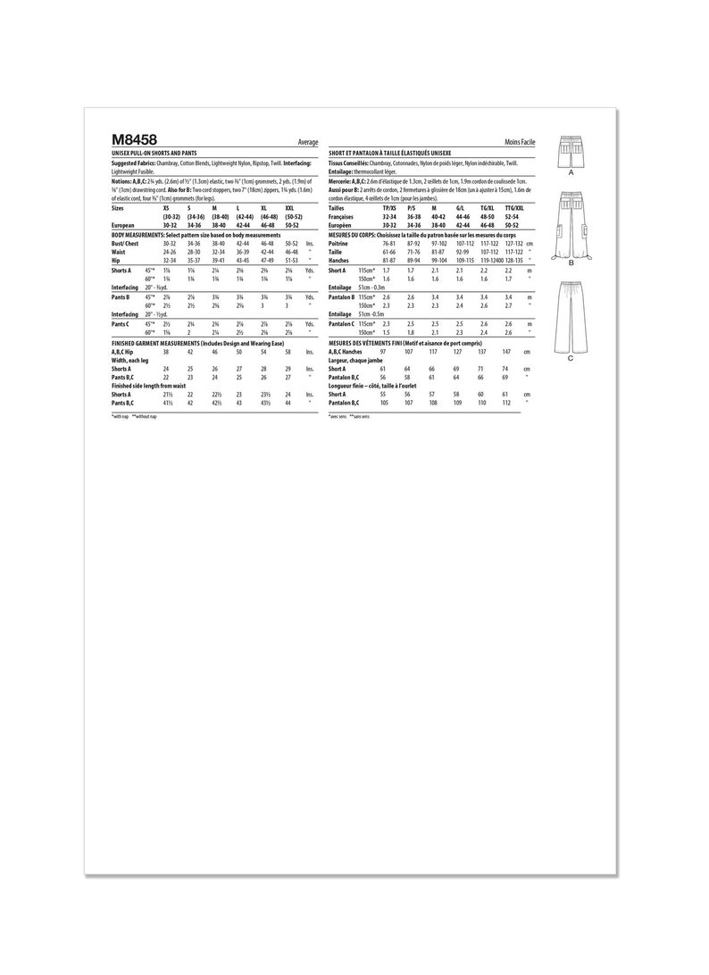 May include: Sewing pattern instructions for unisex pull-on shorts and pants. The pattern includes size charts in both inches and centimeters. The pattern is for sizes XS to XXL.