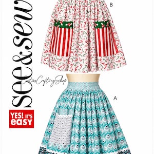 May include: A sewing pattern for two skirts labelled B6513. Skirt B features a white fabric with candy canes, a green waistband with peppermint candies, and red and white striped pockets. Skirt A has a teal geometric pattern and a grey pocket.
