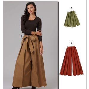 May include: McCall's sewing pattern M8631 shows a woman in a brown top and wide-leg trousers with a bow. The pattern also includes illustrations of olive green and rust-coloured trousers. The text "McCall's" is at the top.