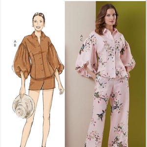 May include: Butterick B7045 sewing pattern. The pattern features illustrations of a brown button-up shirt and shorts set, and a pink floral print button-up shirt and pants set. The pattern is designed and printed in the USA.