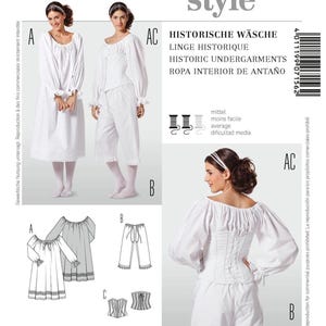 Puede incluir: Un patrón de costura para ropa interior histórica, que incluye una camisa, pantalones y un corsé. El patrón incluye instrucciones para hacer las prendas en diferentes tamaños. El patrón está ilustrado con dibujos de línea de las prendas.