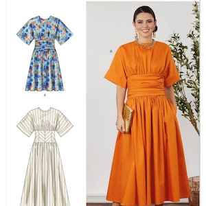 Puede incluir: El patrón de costura Simplicity S3229 presenta tres diseños de vestidos. Un vestido es naranja, con cintura fruncida y mangas cortas. Otro vestido es azul con un estampado floral. El tercer vestido es blanco con rayas verticales.