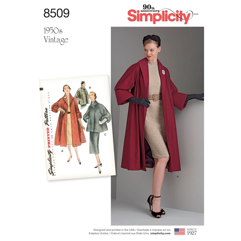 May include: Vintage Simplicity sewing pattern number 8509 for a 1950s style coat. The pattern includes three different views of the coat, with a red coat, a green coat, and a gray coat. The pattern is designed and printed in the USA.