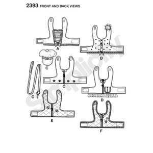 May include: Line drawing of six pet harnesses, a leash, and a hat. The harnesses have various designs, including polka dots, bows, and floral patterns. The text "2393 FRONT AND BACK VIEWS" is at the top. The leash and hat are also shown.