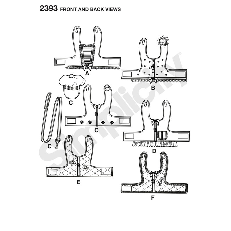 May include: Line drawing of six pet harnesses, a leash, and a hat. The harnesses have various designs, including polka dots, bows, and floral patterns. The text "2393 FRONT AND BACK VIEWS" is at the top. The leash and hat are also shown.