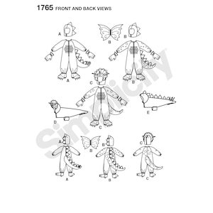 May include: A sewing pattern for a dinosaur costume for children. The pattern includes instructions for making a hooded jumpsuit, tail, and wings. The pattern is labeled "1765 Front and Back Views".