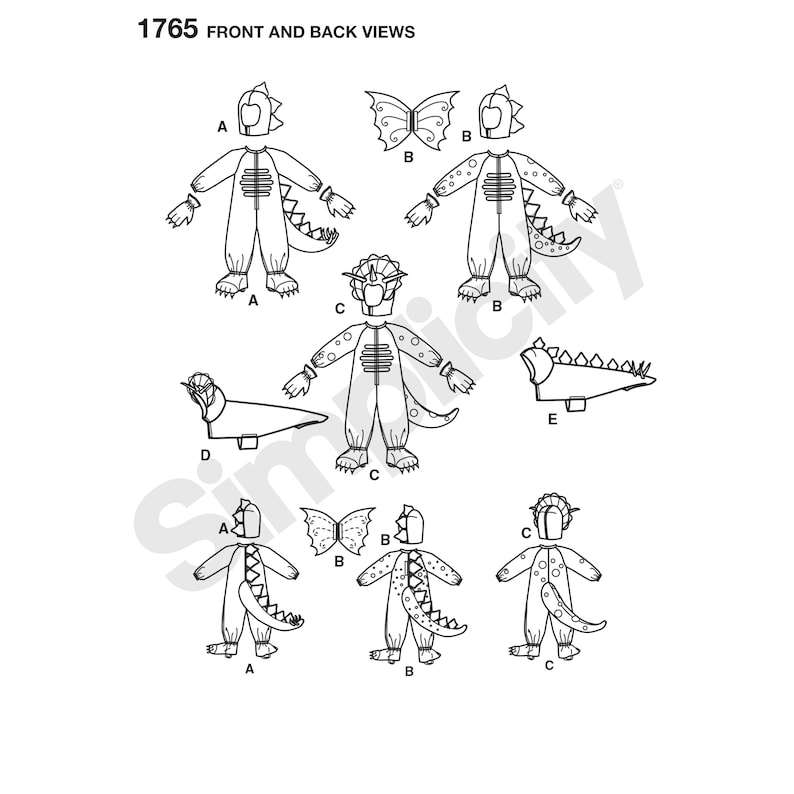 May include: A sewing pattern for a dinosaur costume for children. The pattern includes instructions for making a hooded jumpsuit, tail, and wings. The pattern is labeled "1765 Front and Back Views".