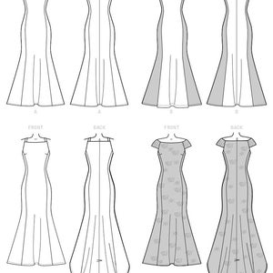May include: Line drawing of four different dress patterns. The first two patterns are a simple, fitted dress with a slight flare at the bottom. The next two patterns are the same dress with a side slit. The last two patterns are the same dress with a more dramatic flare at the bottom.