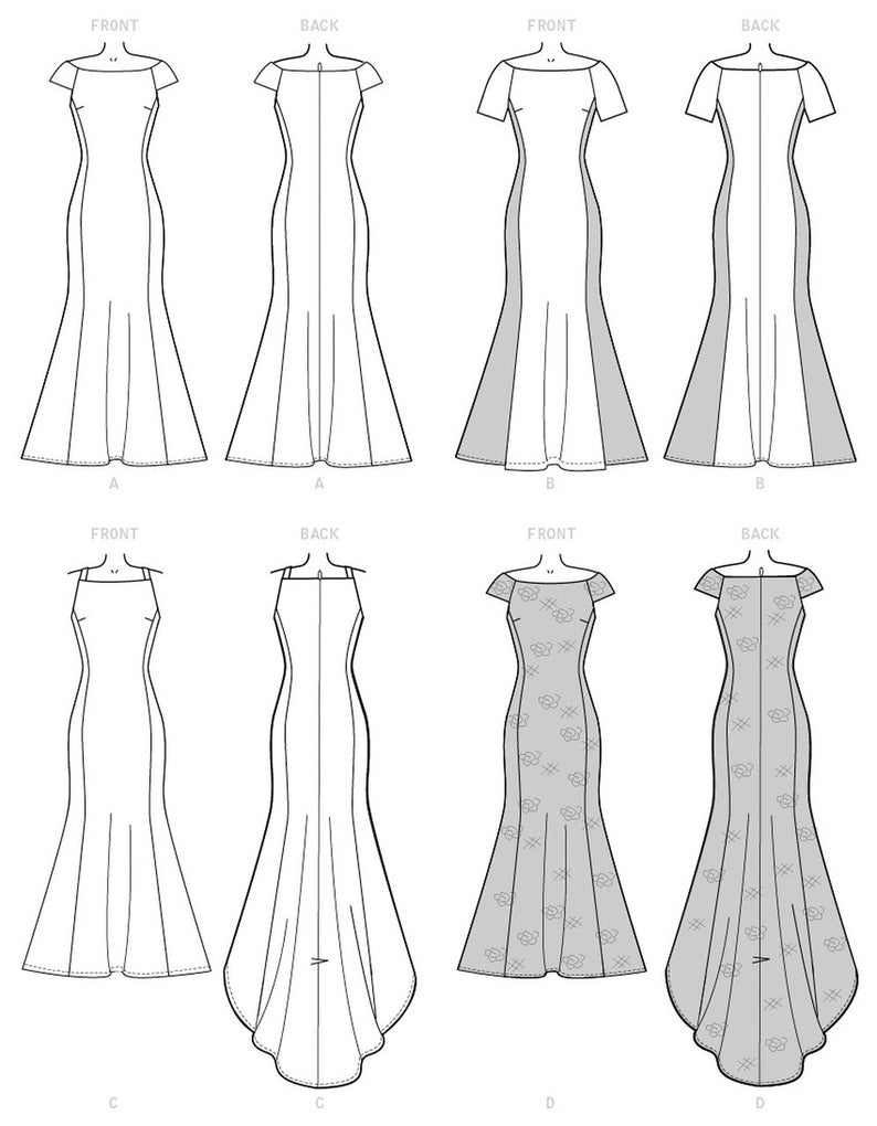 May include: Line drawing of four different dress patterns. The first two patterns are a simple, fitted dress with a slight flare at the bottom. The next two patterns are the same dress with a side slit. The last two patterns are the same dress with a more dramatic flare at the bottom.