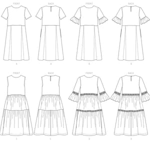 May include: Line drawings of four different dress designs, each showing the front and back views. The dresses vary in sleeve length and style, including short sleeves, ruffled sleeves, and long sleeves with decorative trim. The designs are labeled A, B, C, and D.
