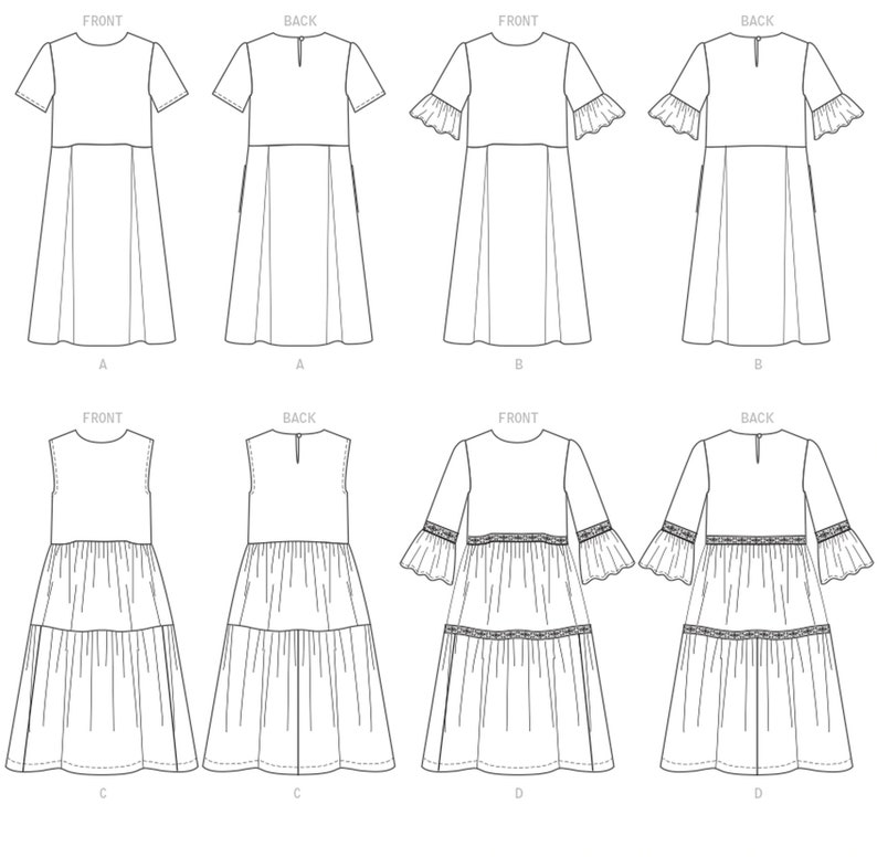May include: Line drawings of four different dress designs, each showing the front and back views. The dresses vary in sleeve length and style, including short sleeves, ruffled sleeves, and long sleeves with decorative trim. The designs are labeled A, B, C, and D.