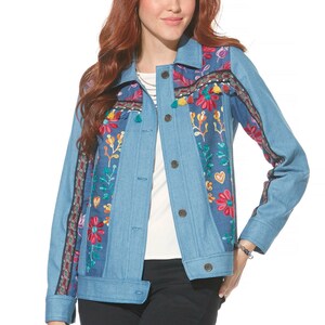 May include: A blue denim jacket with colorful embroidered flowers and tassels on the front and sleeves.