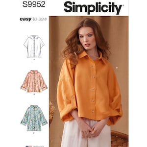 Puede incluir: Patrón de costura Simplicity S9952, con una mujer con una camisa naranja abotonada. El patrón incluye ilustraciones de tres estilos de camisa diferentes. El texto "easy-to-sew" también es visible.