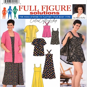 Peut inclure: Patron de couture Simplicity 762 pour tailles 18W-24W, intitulé Full Figure Solutions par Mary Duffy. Le patron comprend des illustrations d'un gilet, d'un débardeur, d'une robe et d'une jupe en jaune uni, rose et noir avec des motifs floraux ou abstraits.