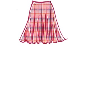 May include: A pink plaid skirt with a flared silhouette.