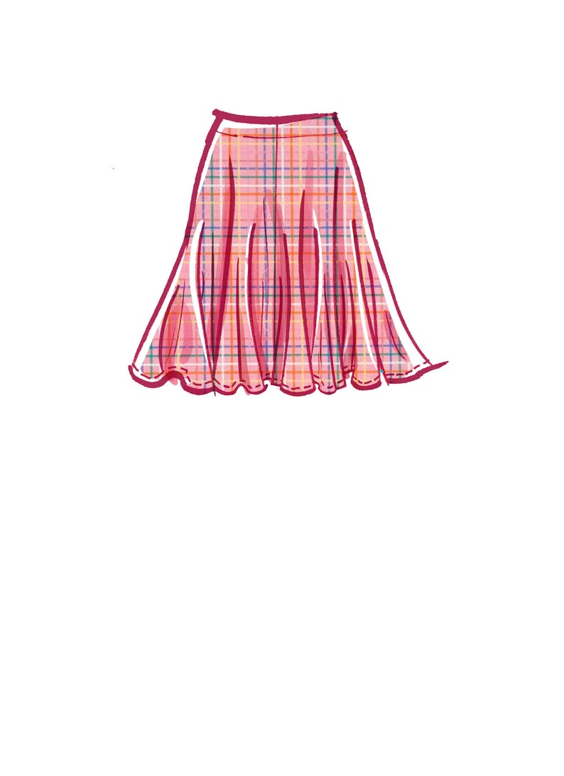 May include: A pink plaid skirt with a flared silhouette.