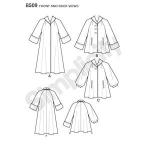 May include: A sewing pattern for a long coat with a collar and pockets. The pattern includes four different views: A, B, and C. The pattern number is 8509.