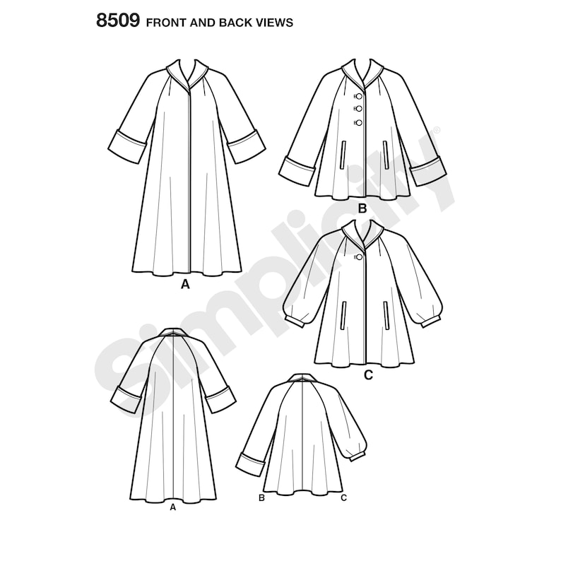 May include: A sewing pattern for a long coat with a collar and pockets. The pattern includes four different views: A, B, and C. The pattern number is 8509.