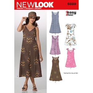 May include: A sewing pattern for a sleeveless dress with a V-neckline. The pattern includes five different styles of dresses, including a brown dress with a floral print, a blue dress with pockets, a pink dress with a floral print, a purple dress with a floral print, and a pink dress with a bow.