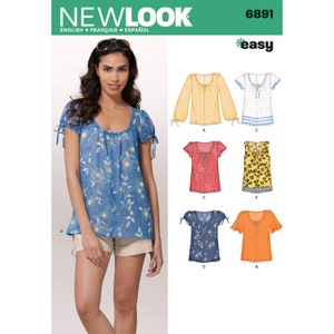 May include: A sewing pattern for a women's blouse with a gathered neckline and short sleeves. The pattern includes five different variations of the blouse, each with a different color and print. The pattern is labeled "New Look" and "Easy".