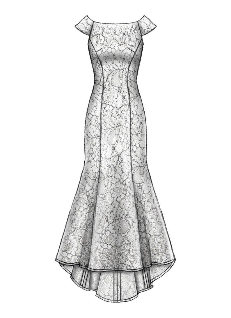 May include: A black and white line drawing of a formal dress with a lace pattern. The dress has a fitted bodice and a flowing skirt with a high-low hemline.