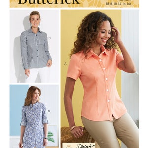 May include: Butterick B6852 sewing pattern featuring three shirt designs. One shirt is striped, another is peach-colored with short sleeves, and the third is blue floral. The pattern includes sizes 8-16.