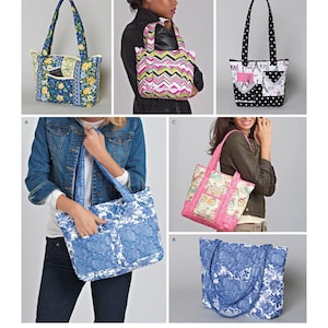 May include: Simplicity pattern 8310 by Faith Van Zanten displays five variations of a tote bag with dual shoulder straps and exterior pockets. Designs include blue floral, pink chevron, black and white polka dot, and bicycle patterns.