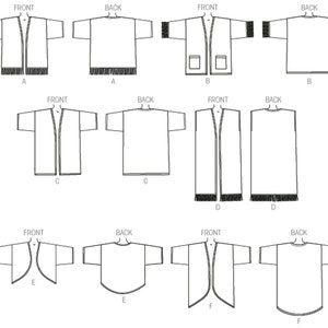 May include: Diagram showing different front and back views of a cardigan pattern. The pattern includes a variety of styles with different necklines, sleeve lengths, and hem designs.