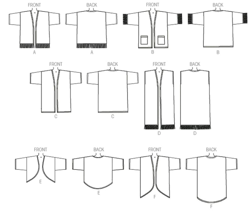 May include: Diagram showing different front and back views of a cardigan pattern. The pattern includes a variety of styles with different necklines, sleeve lengths, and hem designs.