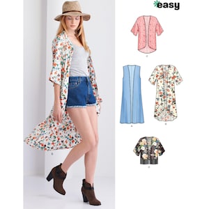 May include: A sewing pattern for four different styles of cardigans. The pattern includes a long floral print cardigan, a short floral print cardigan, a solid pink cardigan, and a solid blue cardigan. The pattern is labeled "easy".