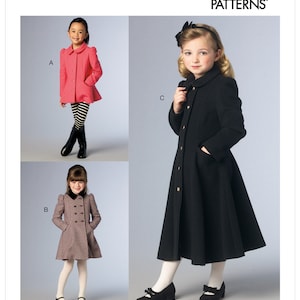 May include: Vogue Patterns sewing pattern for a girls' coat. The pattern includes three different styles: a pink coat with a peter pan collar, a black coat with a peter pan collar, and a black and white checkered coat with a double breasted closure. The pattern is for sizes 4-14.
