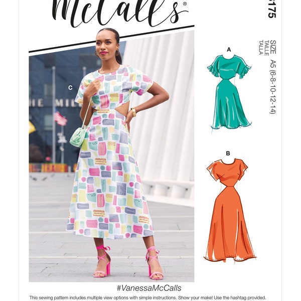 Easy Sewing Pattern for Women's Dress, Cut Out Dress, Summer Dress, Dolman Sleeve Dress, Midi Dress, McCalls 8175, Size 6-14 16-24, Uncut FF